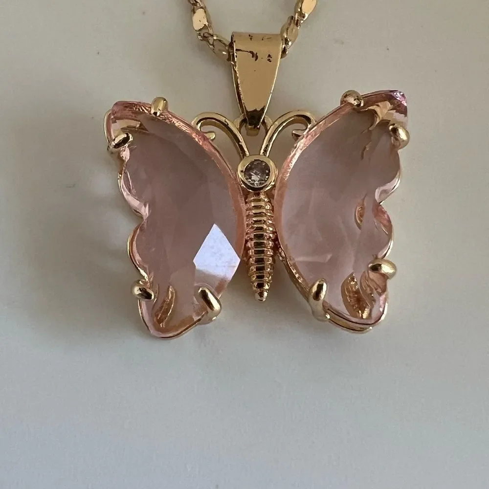 Gold Tone Pink Butterfly Jewelry Set Sparkling Crystal Wings Necklace Earrings